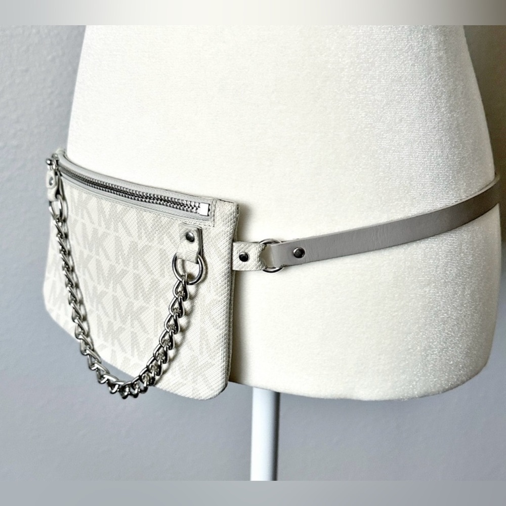 MICHAEL Michael Kors Monogram Coated Chain
Belt Bag White Metallic Size M EUC - Picture 2 of 10